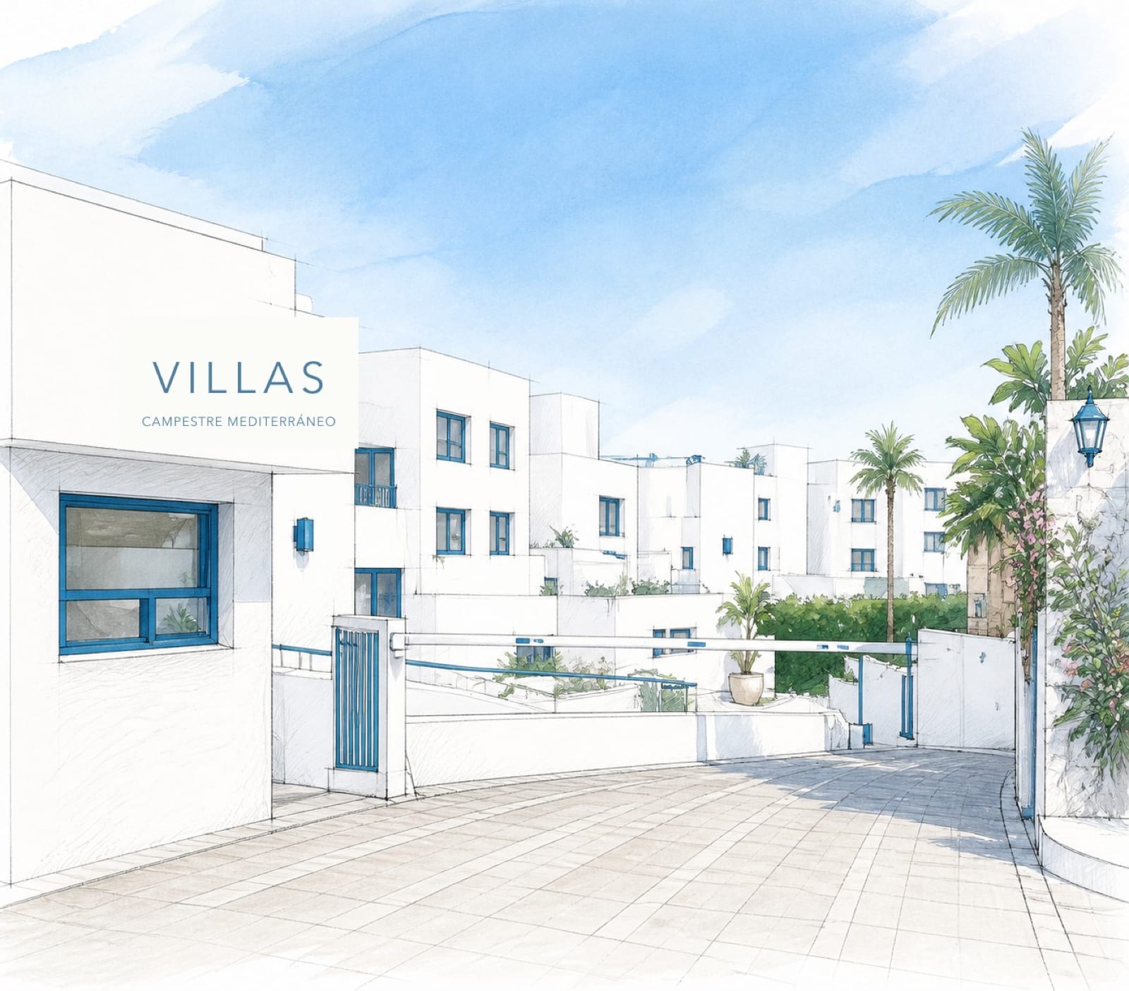 Villas Campestre Mediterráneo — acceso del conjunto, con el letrero VILLAS CAMPESTRE MEDITERRÁNEO, palmeras y fachadas blancas con detalles azules